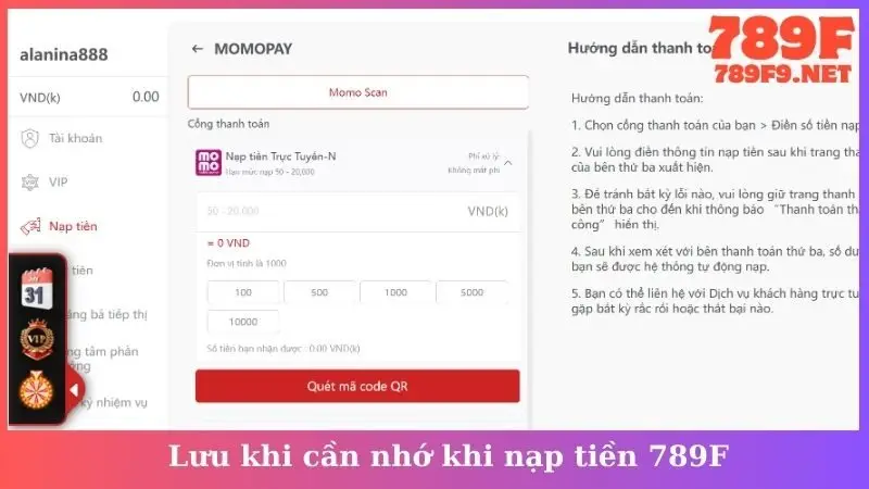 Lưu khi cần nhớ khi nạp tiền 789F