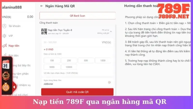 Nạp tiền 789F qua ngân hàng mã QR